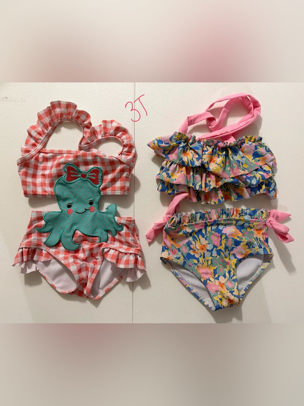 2-Pack Girls' Swim Set - Pink Gingham Octopus & Floral Ruffle Bikini - Kids Swim